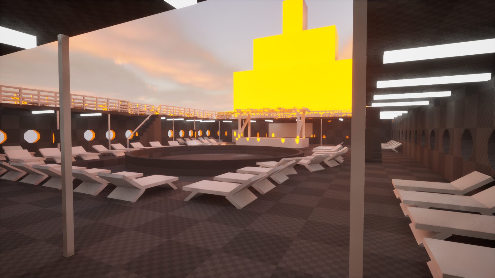 Prelit blockout of the deck at sunset