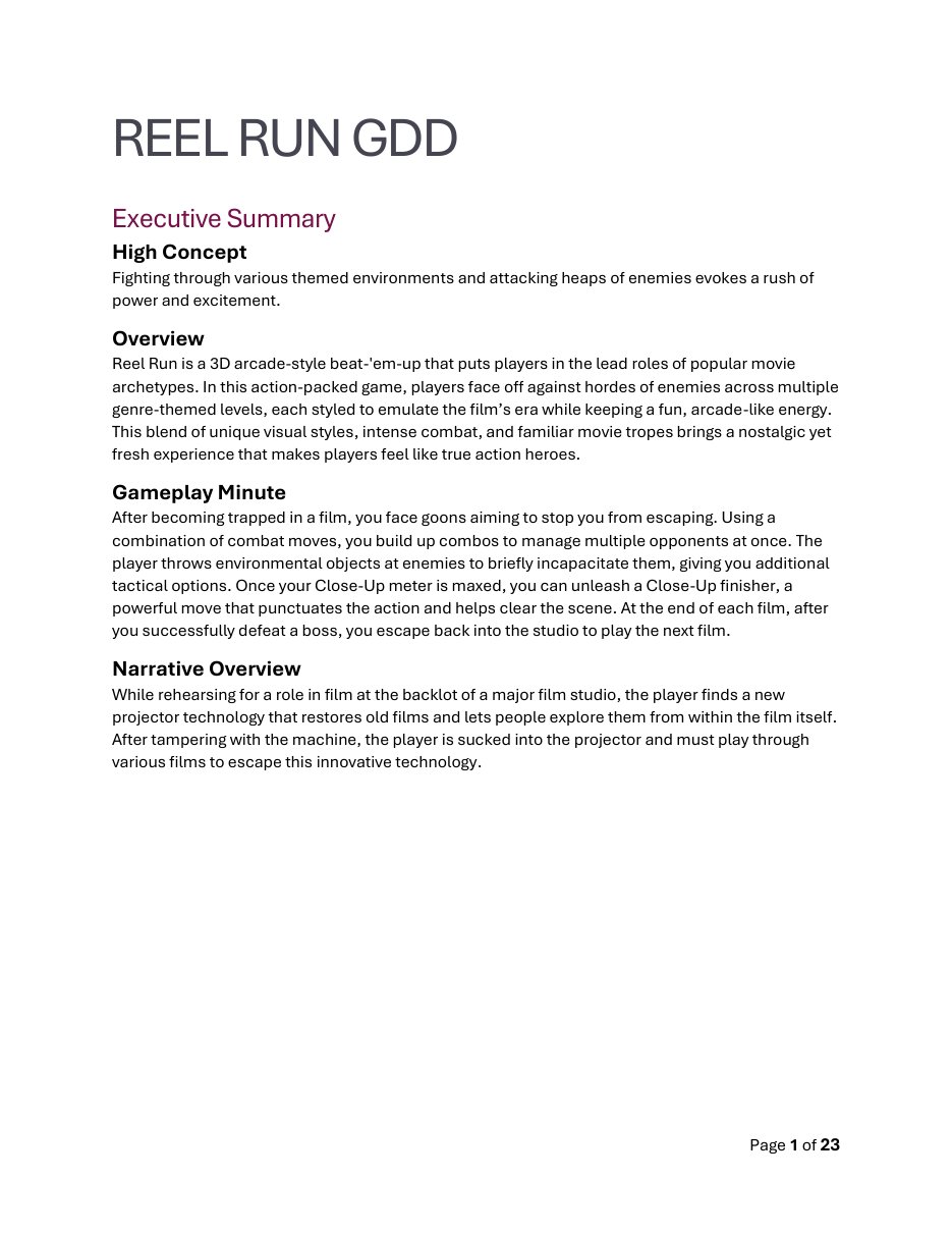 First page of the Reel Run GDD