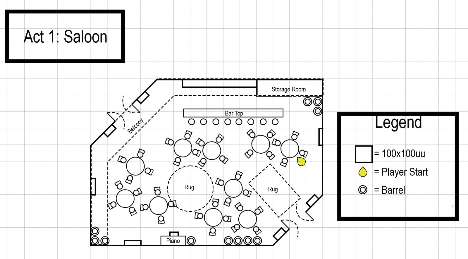 Final saloon map with legend, balcony, and rugs