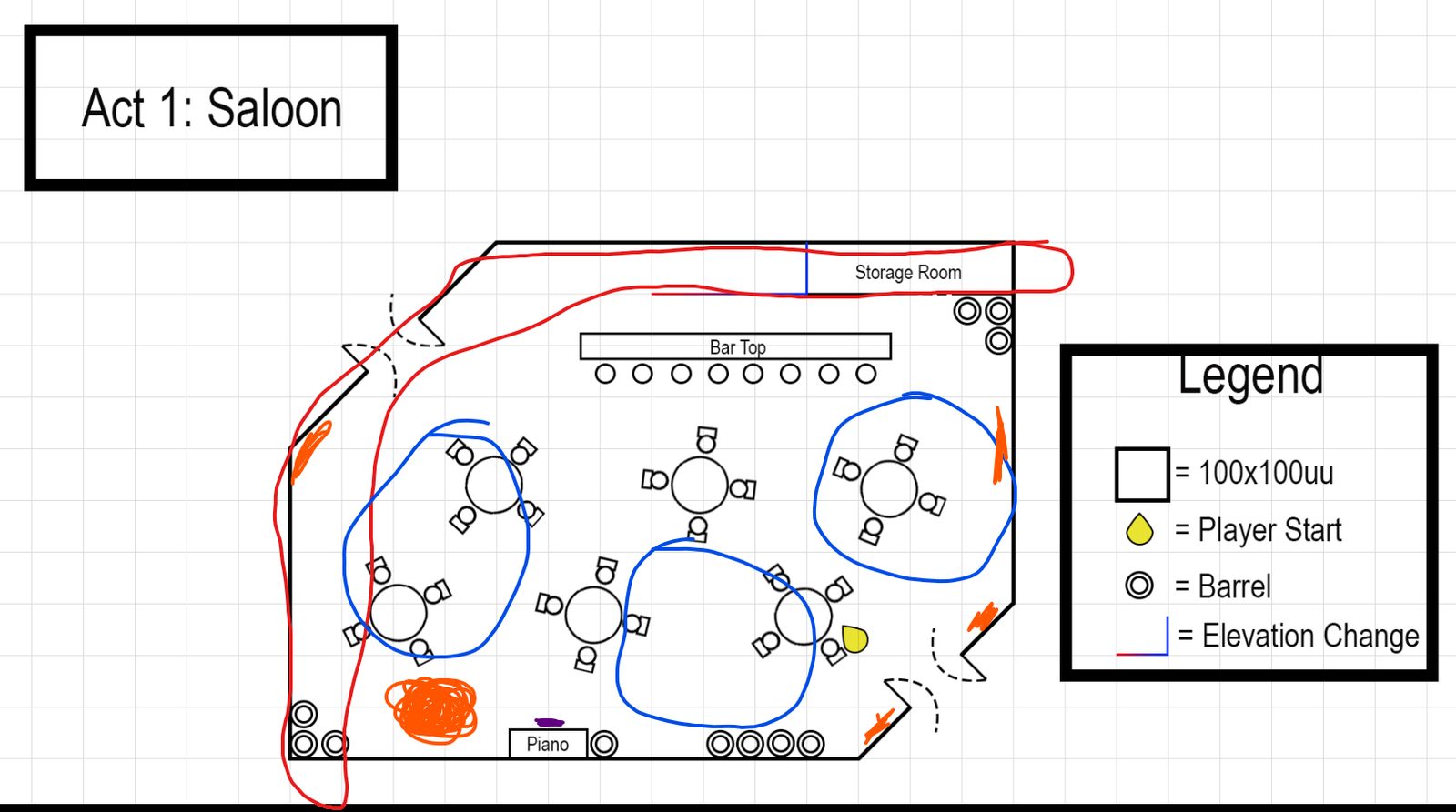 Saloon map with teammate's red and blue markup