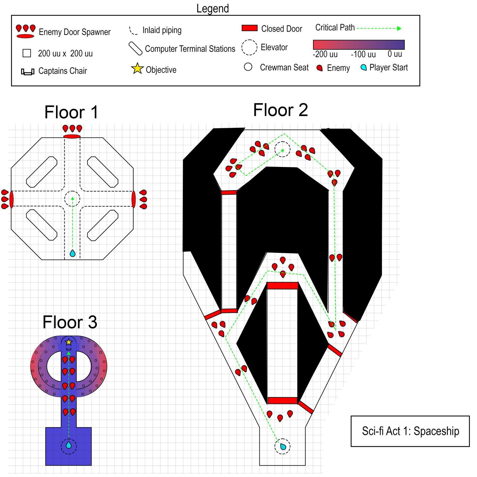 Three-floor map of the spaceship level
